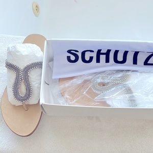 NIB SCHUTZ leather and crystal flat thong sandals (Never worn)